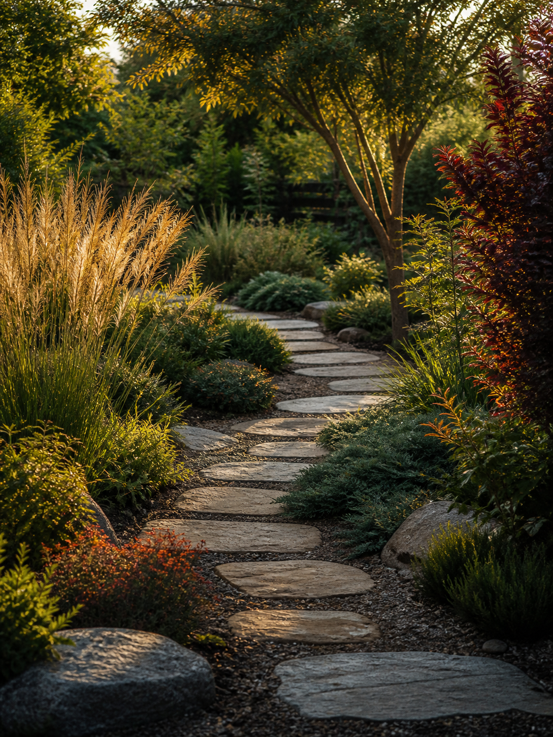 Sunlit path through a mature backyard garden