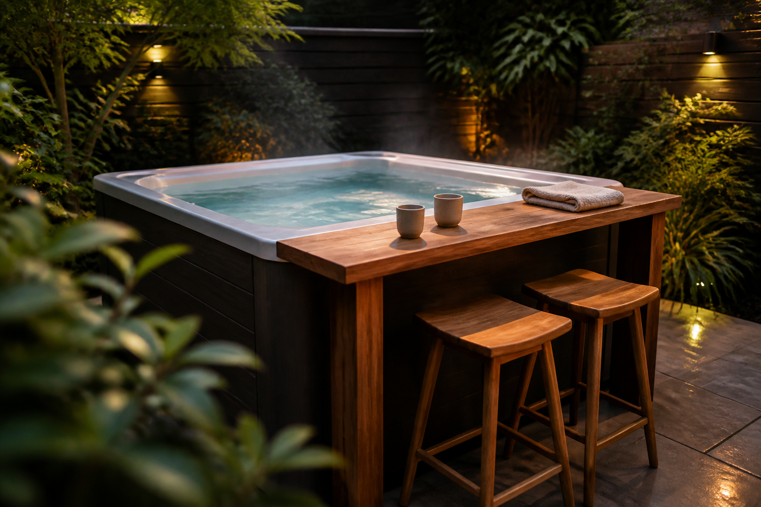 Bar table beside a backyard hot tub