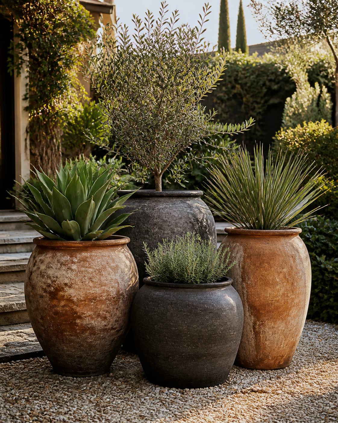 Extra large planters in a layered garden