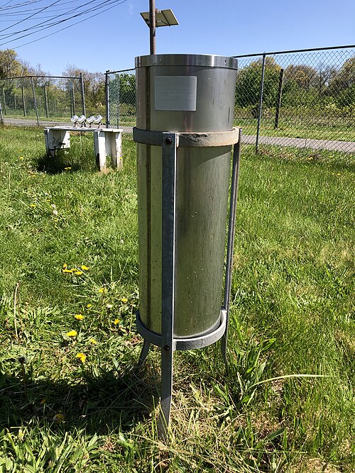 A National Weather Service rain gauge in its outdoor Rutgers Gardens weather-station setting. Context only; not a shortlisted product or reporting endorsement.